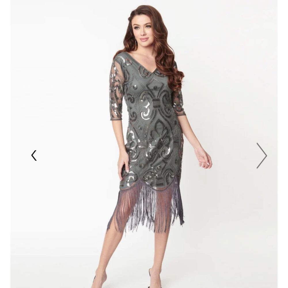 Unique Vintage NWT 1920s Grey & Silver Beaded Lynette Flapper Dress‎